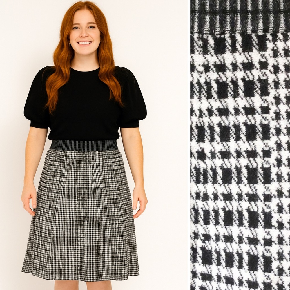 Knot & Tale Black White Classic Houndstooth A-Line Knit Skirt Elastic Waist XL